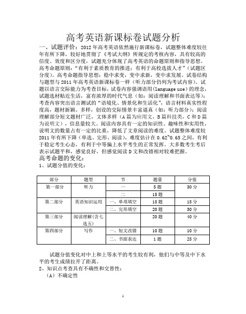 2012年高考英语新课标卷试题分析