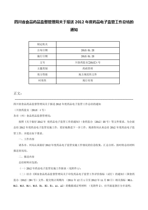 四川省食品药品监督管理局关于报送2012年度药品电子监管工作总结的通知-川食药监安[2013]4号