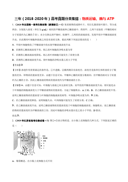 三年(2018-2020年)高考真题分类集锦：物质运输、酶与ATP(解析版)