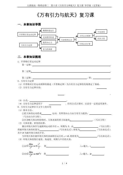 人教版高一物理必修二 第六章《万有引力和航天》复习课 导学案(无答案)