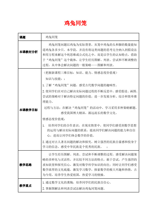 沪教版四年级下册数学教学设计 鸡兔同笼问题