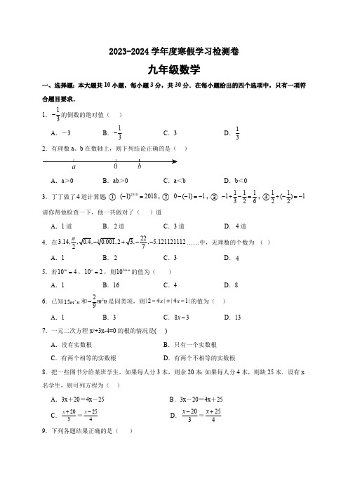 山东省济宁市嘉祥县第三中学2023-2024学年九年级下学期开学测试数学试题(含解析)