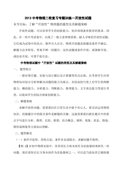 中考物理复习专题训练  开放性试题