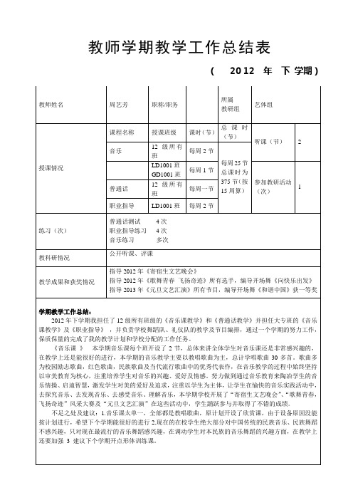 教师学期教学工作总结样表