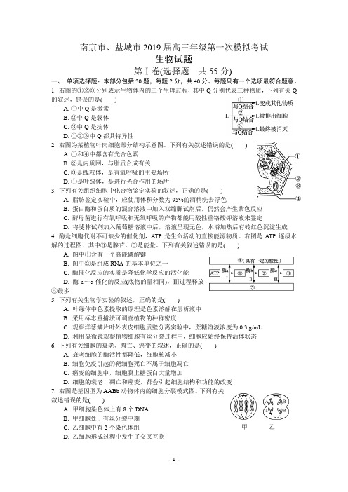 江苏省南京市、盐城市2019届高三年级第一次模拟考试 生物试题