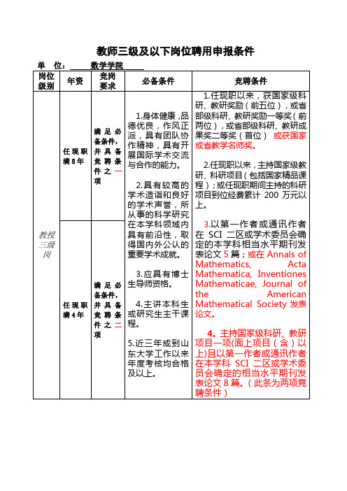 教师三级及以下岗位聘用申报条件