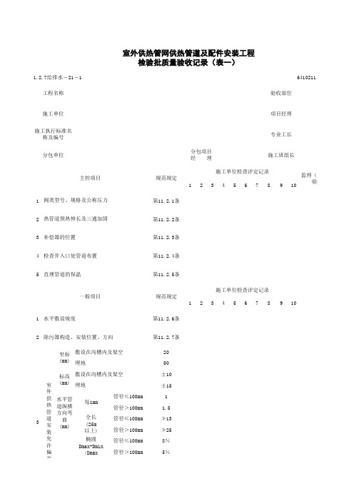 1-2-7给排水-21-1_室外供热管网供热管道及配件安装工程检验批质量验收记录(表一)