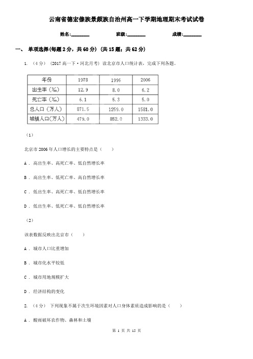 云南省德宏傣族景颇族自治州高一下学期地理期末考试试卷