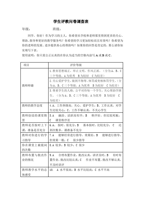 中小学学生评教问卷调查表