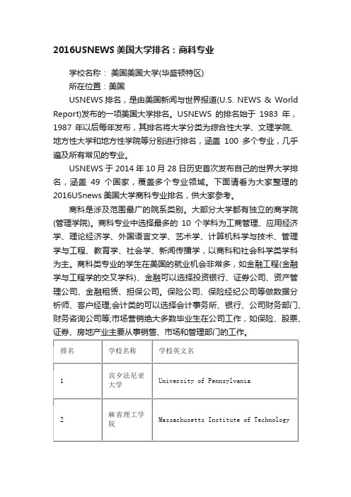 2016USNEWS美国大学排名：商科专业