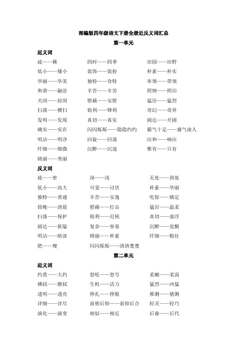 部编版四年级语文下册全册近反义词汇总