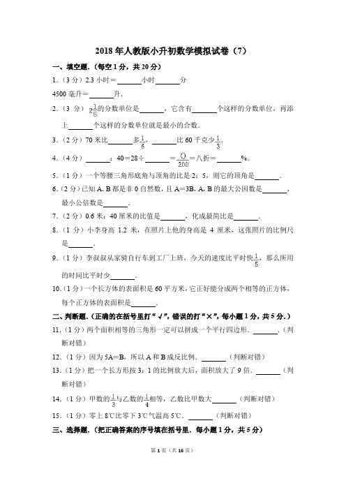 2018年人教版小升初数学模拟试卷(7)(解析版)