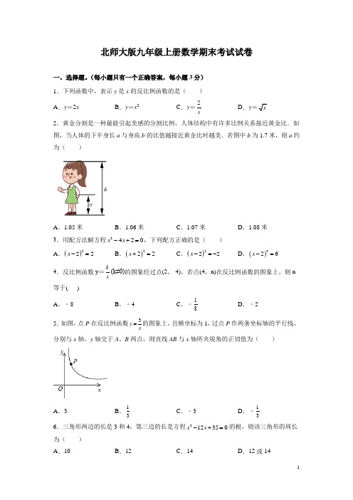 北师大版九年级上册数学期末考试试题附答案解析