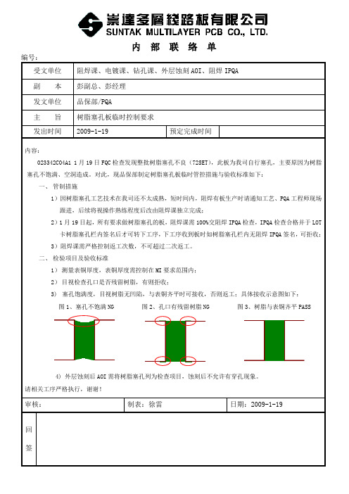 树脂塞孔板控制要求