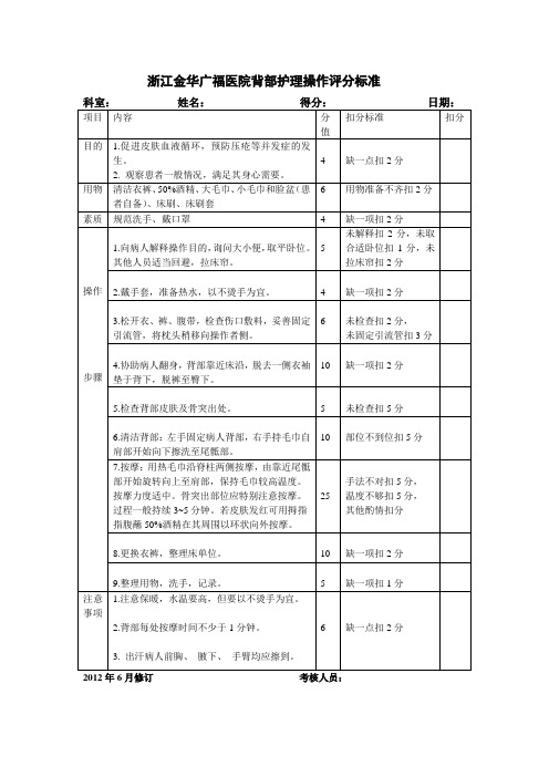 背部护理操作评分标准