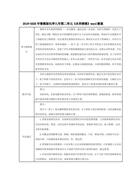 2019-2020年鲁教版化学九年第二单元《水和溶液》word教案