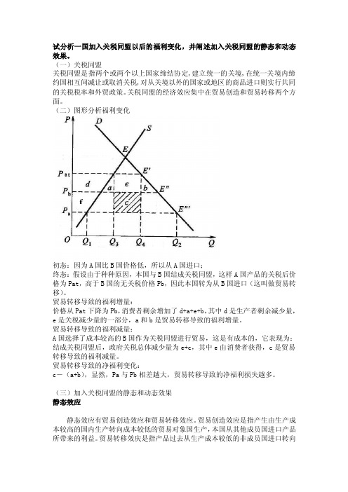 分析一国加入关税同盟以后的福利变化）