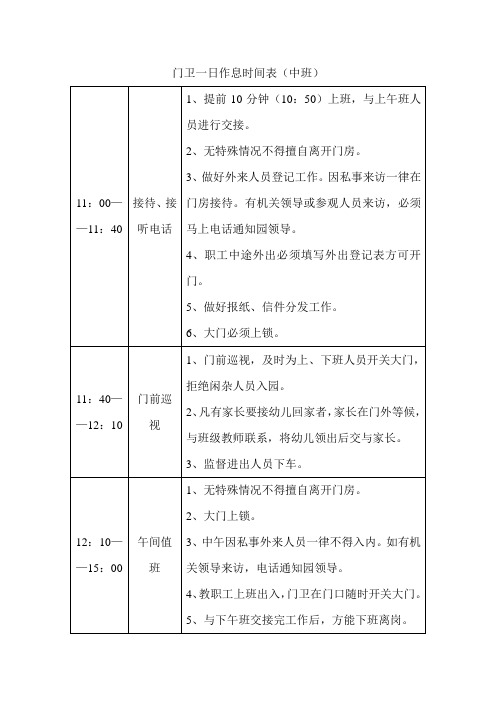 幼儿园门卫一日作息时间表