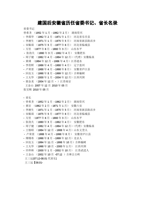 建国后安徽省历任省委书记、省长名录