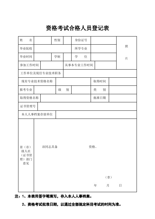 资格考试合格人员登记表