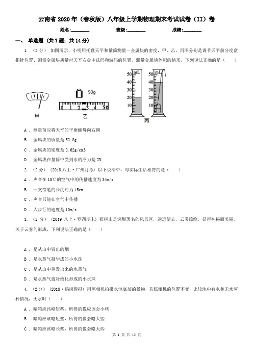 云南省2020年(春秋版)八年级上学期物理期末考试试卷(II)卷(精编)