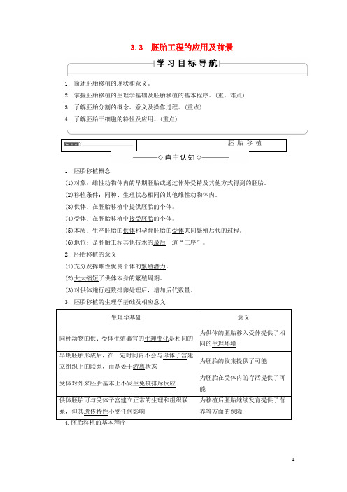 2018版高中生物第3章胚胎工程3.3胚胎工程的应用及前景学案新人教版