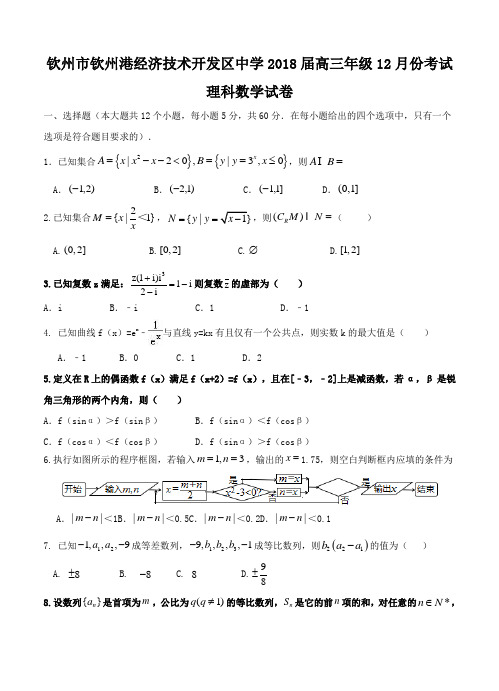 广西钦州市钦州港经济技术开发区中学2018届高三12月月考数学(理)试卷(含答案)