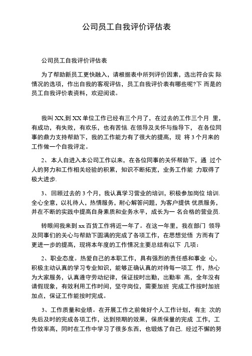 公司员工自我评价评估表