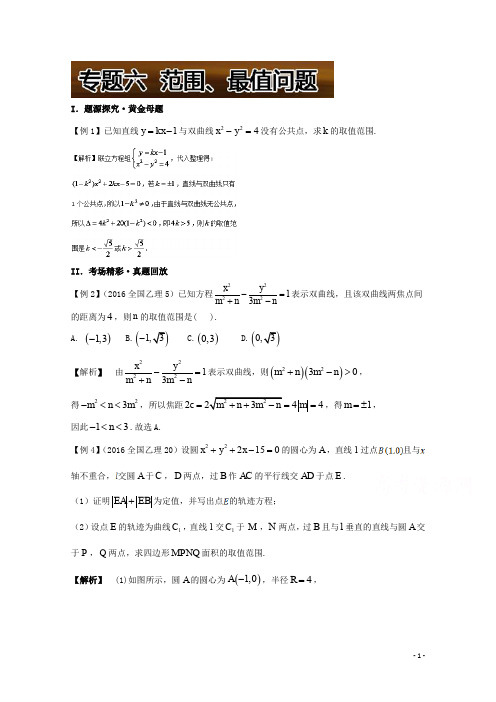 备战2017高考黄金100题解读与扩展系列之圆锥曲线：专题六  范围、最值问题 Word版含解析