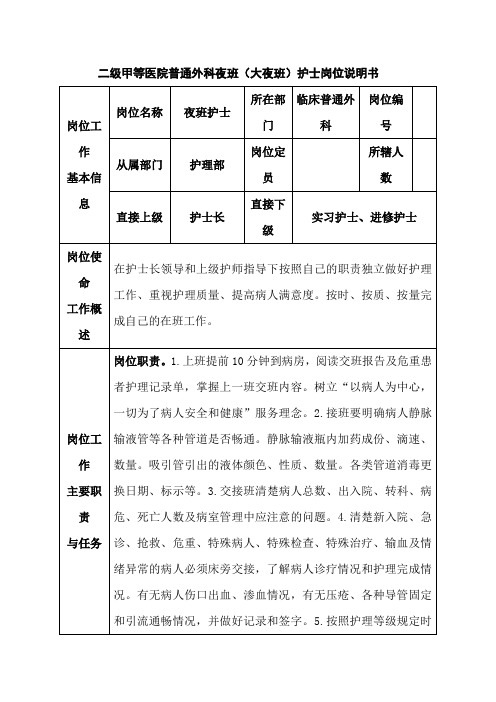 二级甲等医院普通外科夜班(大夜班)护士岗位说明书