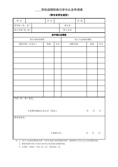 学校学生成绩转换与学分认定申请表(转专业适用)