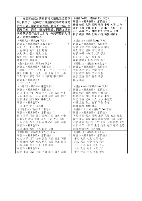 小学一年级语文上册认读词语和听写词语纸条