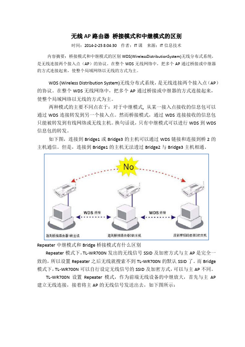 无线AP路由器 桥接模式和中继模式的区别