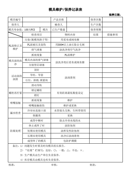 注塑模具维护保养记录表