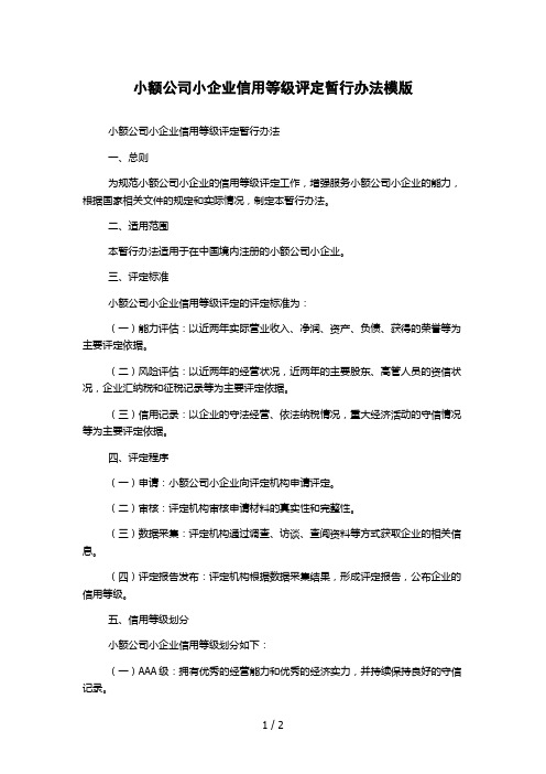 小额公司小企业信用等级评定暂行办法模版