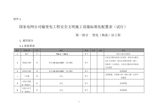 国家电网公司输变电工程安全文明施工设施标准化配置表(试行)