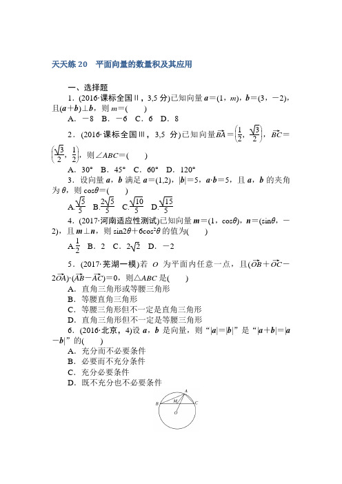 高中全程训练计划·数学(理)天天练20 平面向量的数量积及其应用 Word版含解析
