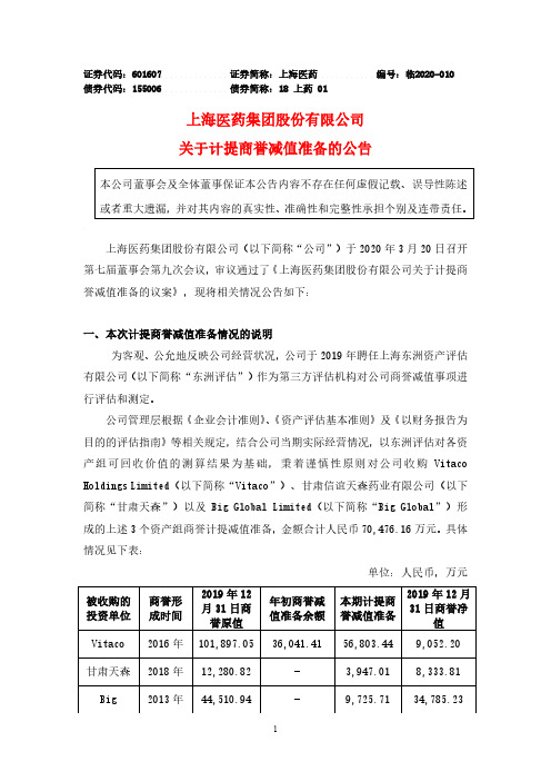 上海医药：关于计提商誉减值准备的公告