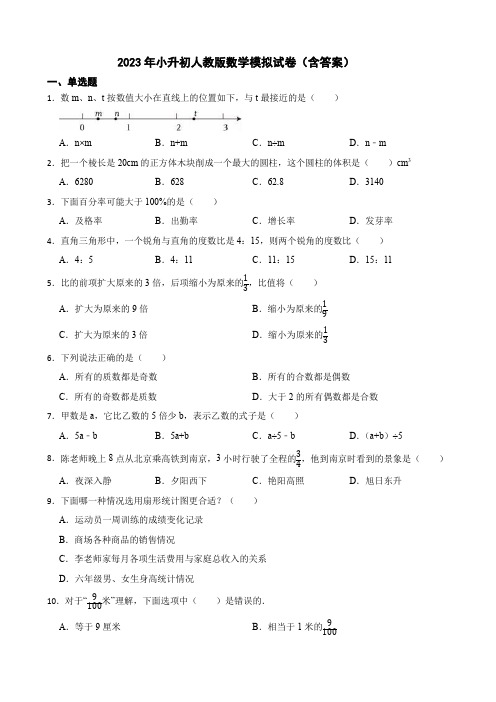 2023年小升初人教版数学模拟试卷(含答案)