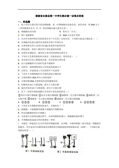 福建省永泰县第一中学生物必修一试卷及答案