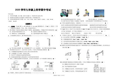 浙教版2020学年第一学期九年级科学期中考试试卷及答案