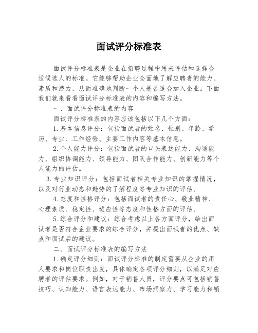 面试评分标准表