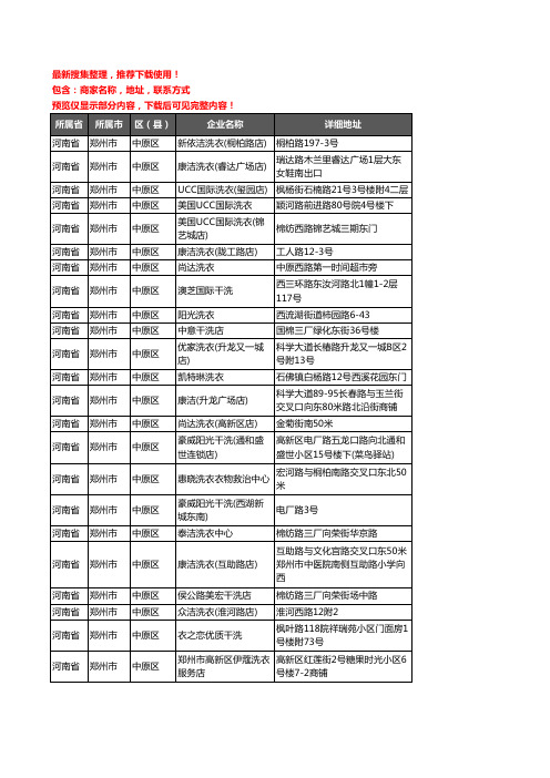 新版河南省郑州市中原区洗衣店企业公司商家户名录单联系方式地址大全154家