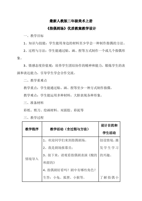 最新人教版二年级美术上册《指偶剧场》优质教案教学设计