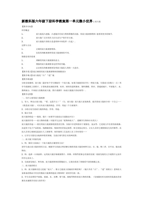 新教科版六年级下册科学教案第一单元微小世界1放大镜