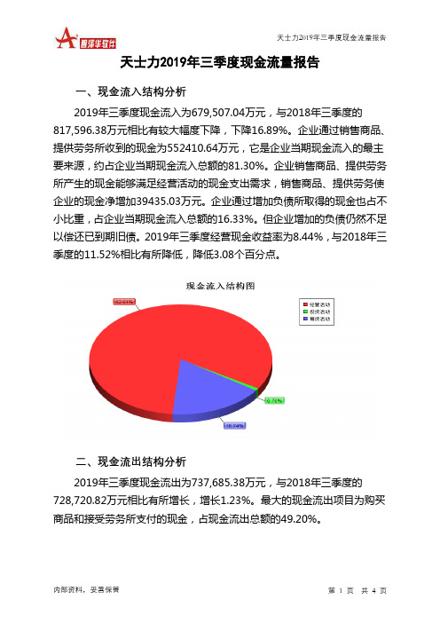 天士力2019年三季度现金流量报告