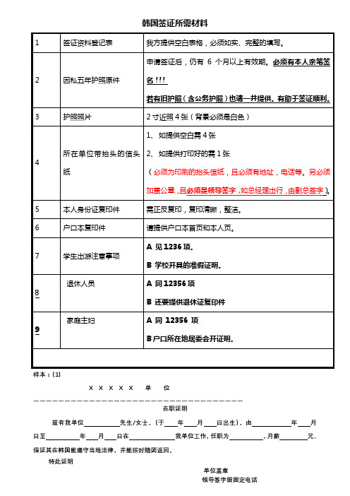 韩国签证所需材料【模板】