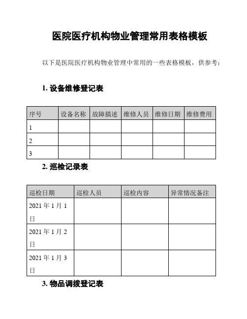 医院医疗机构物业管理常用表格模板