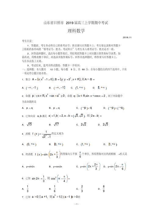 山东省日照市2019届高三上学期期中考试试题(数学理)Word版含答案.doc