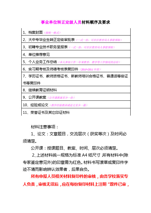 事业单位转正定级材料装订顺序及要求